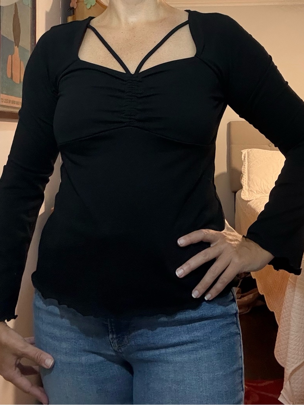 Jessica Simpson Black Long-Sleeve Strappy Ruched Top